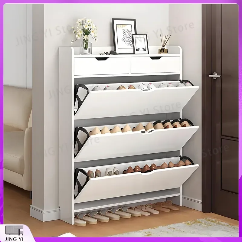 Space Saving Flip Shoe Rack Solid Wood Entryway Storage Cabinet with Lid Modern Minimalist Shoe Organizer for Small Spaces