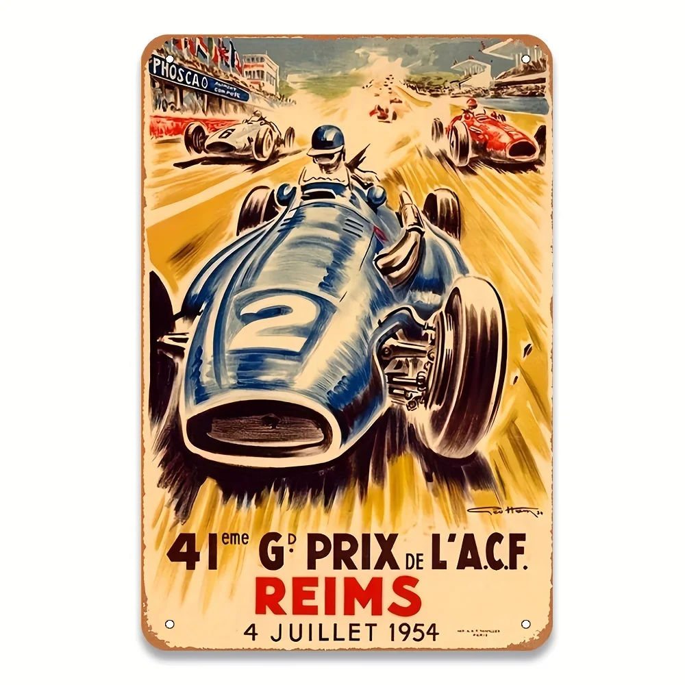 Plaque Métallique Vintage Voiture de Course - 1954 G.PRIX L'Arc Reims Décoration Murale Rétro, Décoration Automobile Classique pour Maison, Bar, Café, Garage