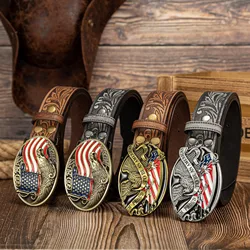 Eagle head oval large buckle trendy versatile distressed phoenix tail pattern PU embossed button belt