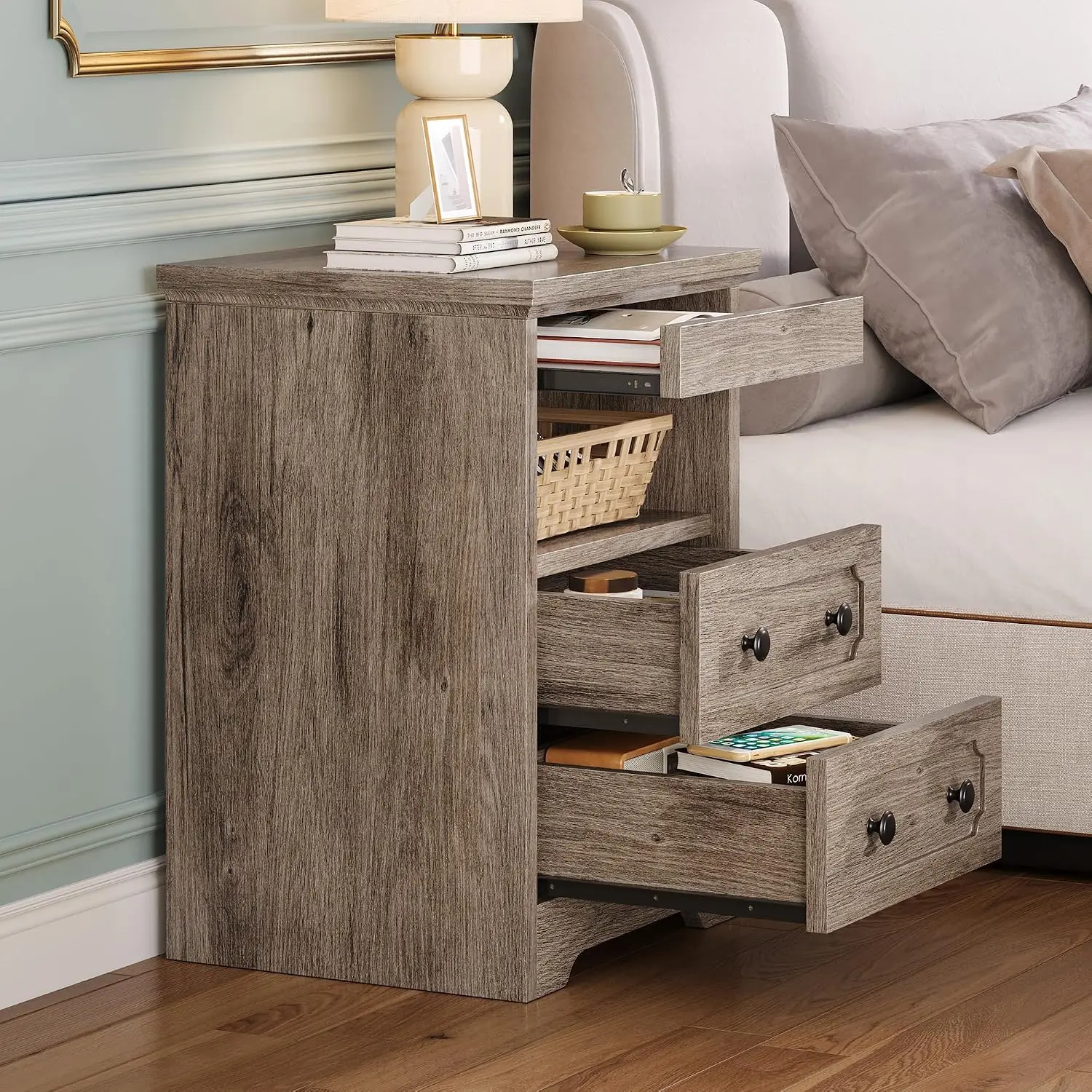 Wooden Nightstand Set Of 2 With Pull Out Tray 2 Drawers & Open Shelf Bedside Side Table Bedroom Grey, Customized