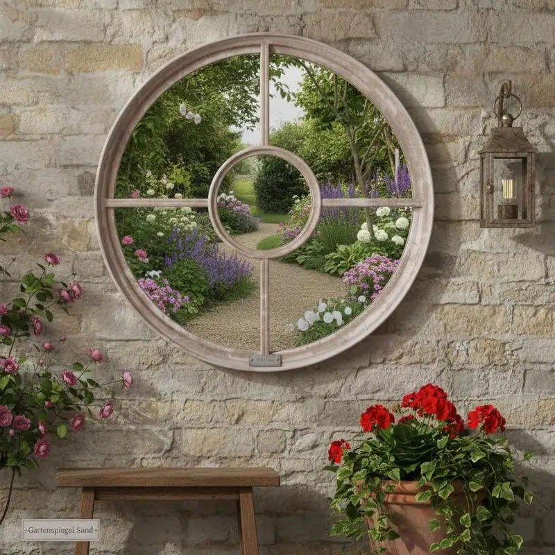Miroir de jardin rond extérieur 60x4 cm, cadre en fer durable, couleur sable, parfait pour rehausser les espaces extérieurs et réfléchir la lumière