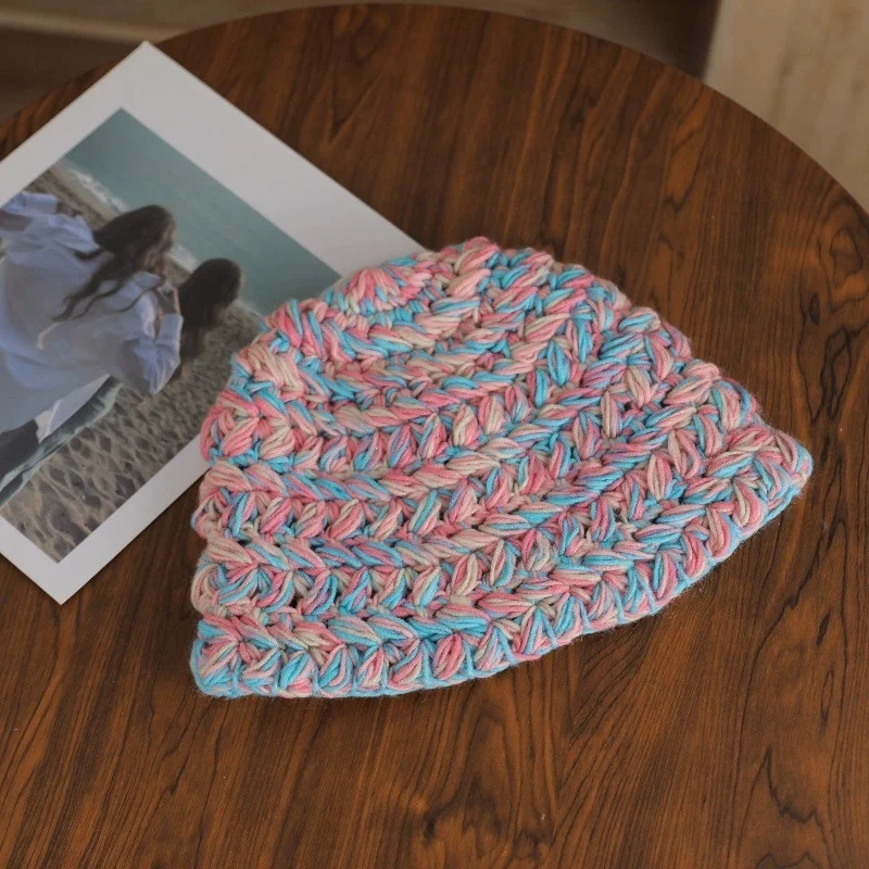 Fall/Winter Neon-Colored Beanie with Brim—Color-Blocked Knit Hat for Women: Fashionable, Versatile, and Retro