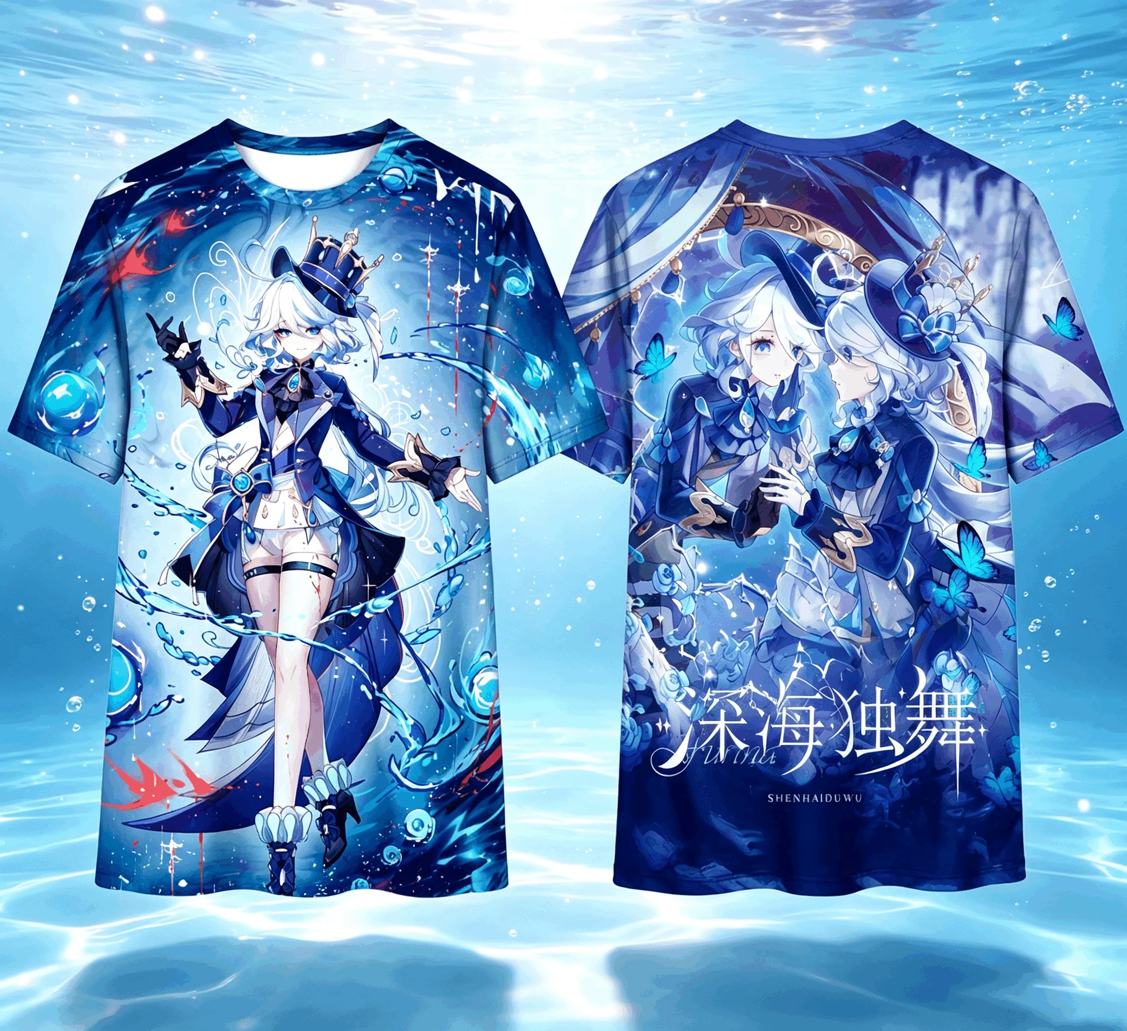 Genshin Impact Game Furina 3D Full Print Unisex T Shirt, Breathable Quick Dry Polyester Short Sleeve Tee for Summer Daily Sports