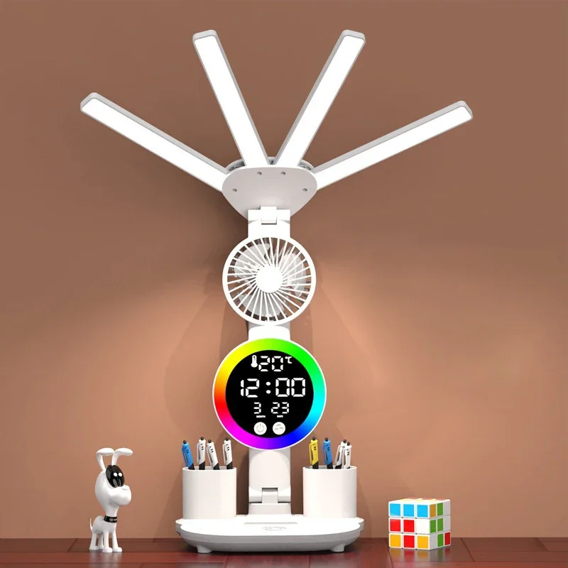

Rechargeable Table Lamp for Study, Desk Lamp Reading Light Led Table Light with Fan, Led Clock Dispaly Reading Lamp