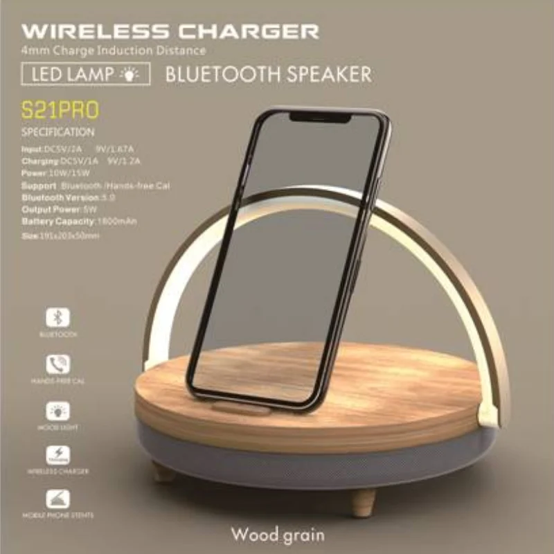 To S21 Pro Bluetooth Speaker Wood Wireless Chargers LED Lamp 15W High Power Fast Charging Stand for iPhone 14 13 13Pro 12 Holder