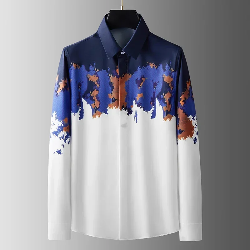 

Men's luxury art print long sleeve shirt, business casual shirt, stylish men's casual high quality soft and comfortable material