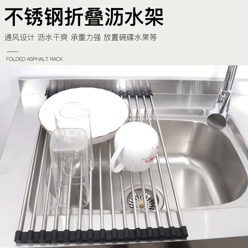 Foldable Stainless Steel Silicone Roll Up Sink Drying Rack Fruits Dishes Bowls Kitchen Counter Space Saving Use