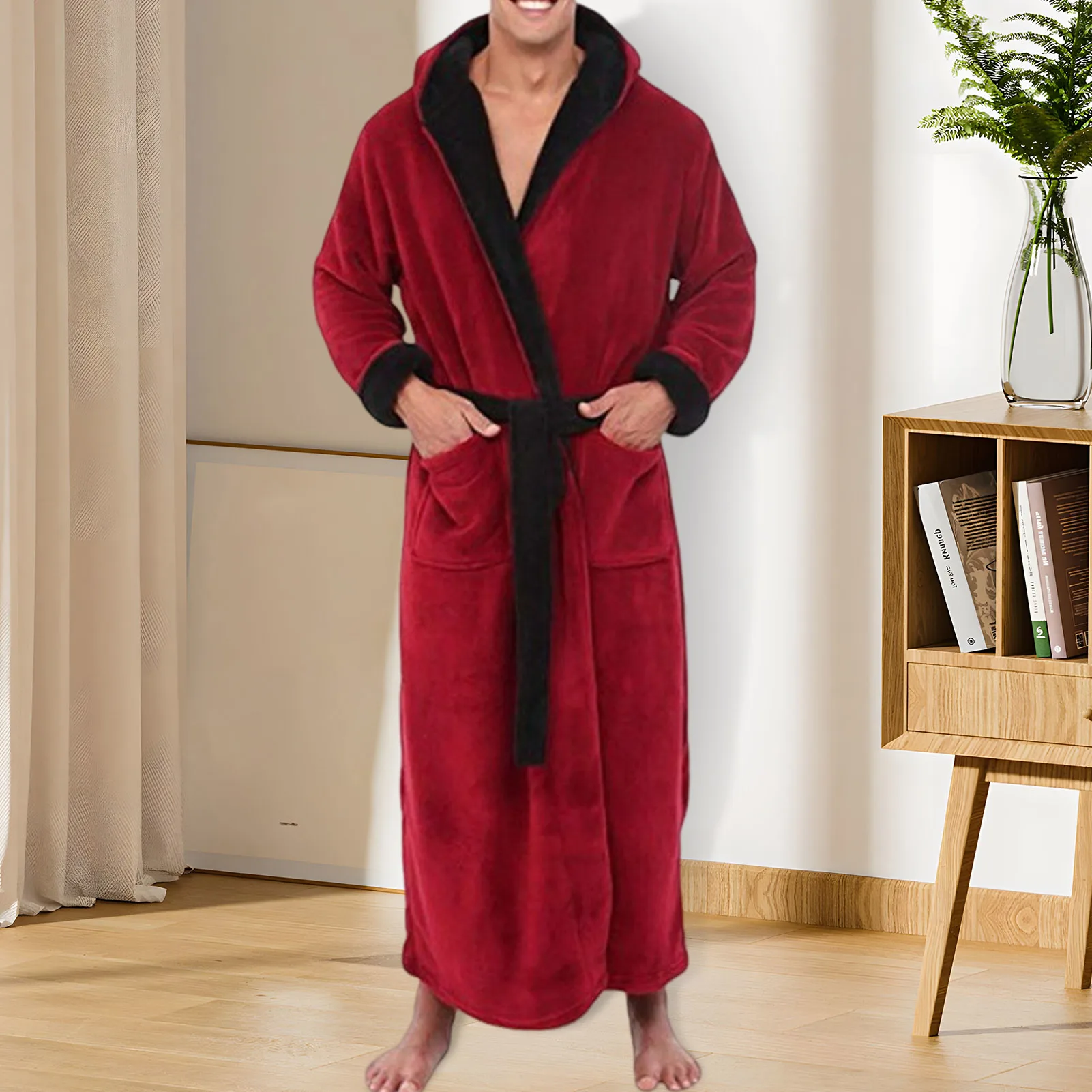 Men Soft Coral Fleece Color Block Pockets Long Bath Robe Home Gown Sleepwear