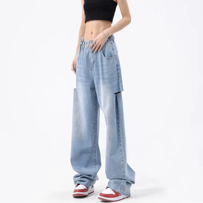 WCFCX STUDIO High Waist Ripped Jeans Women Harajuku Korean Fashion Streetwear Jeans Wide Leg Loose Trousers Women