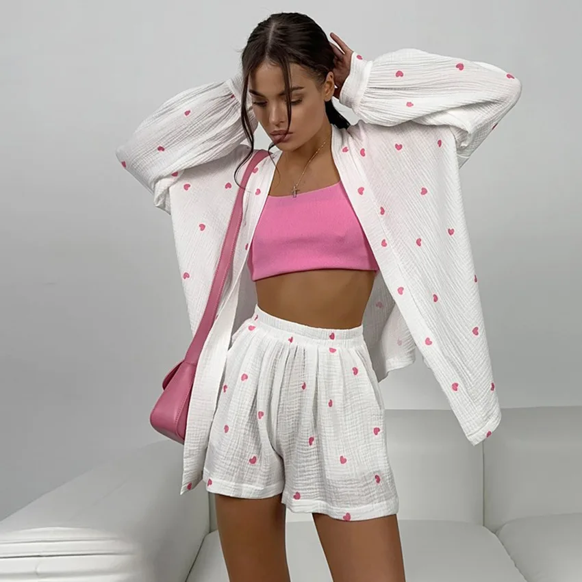 Autumn 100% Cotton Pink Heart Print Cardigan Shorts Loose Comfortable Pajamas Set For Women Sleepwear 2PCS Home Clothes