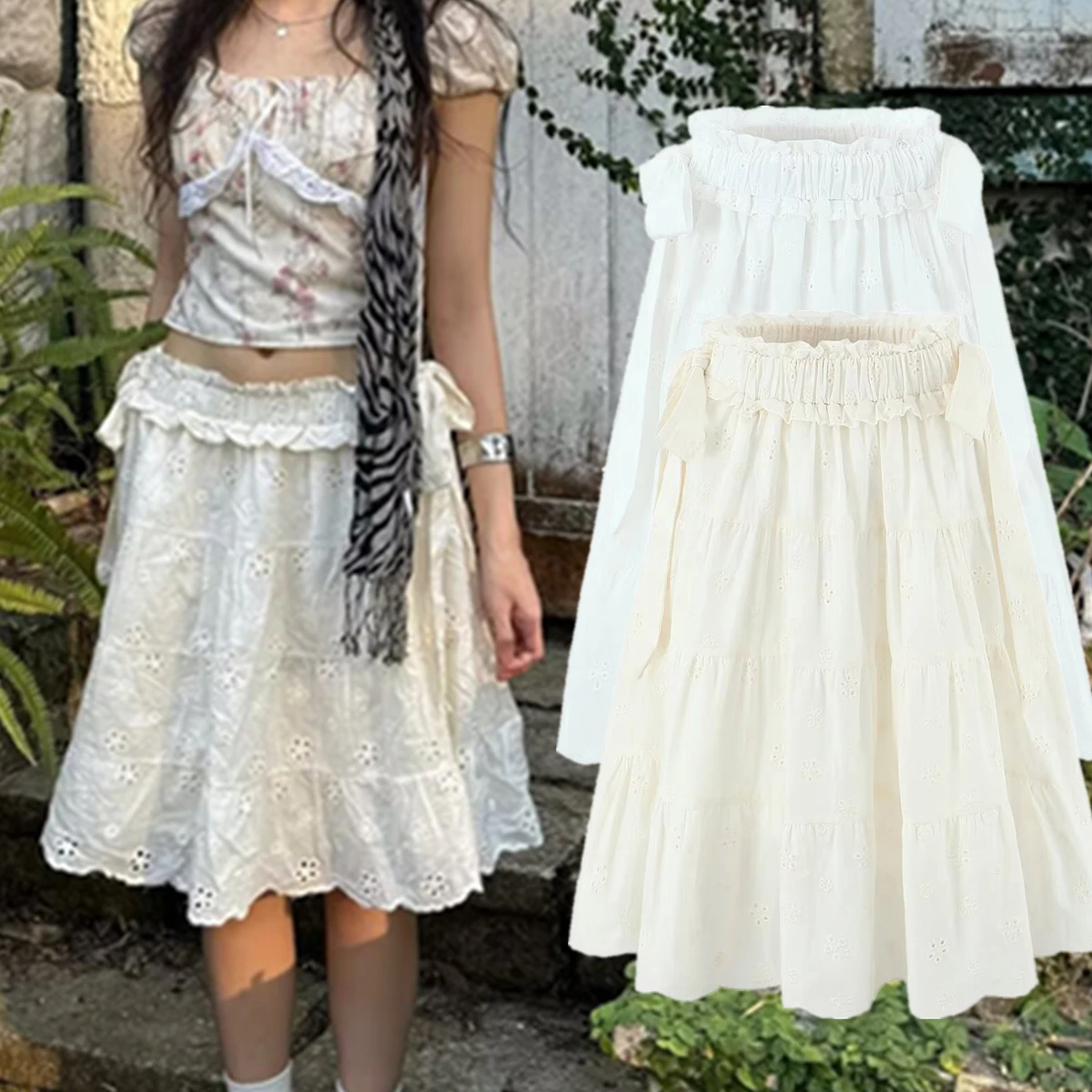 Dave&Di French Fashion Office Ladies Lazy Country Style White Embroidered Skirt Cotton Minimalist Casual Skirt For Women