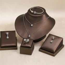 RAKOL Double Layer Geometric Zirconia Pendant Necklace Earrings For Women Fashion Zircon Ring Bracelet Party Jewelry Set Gifts