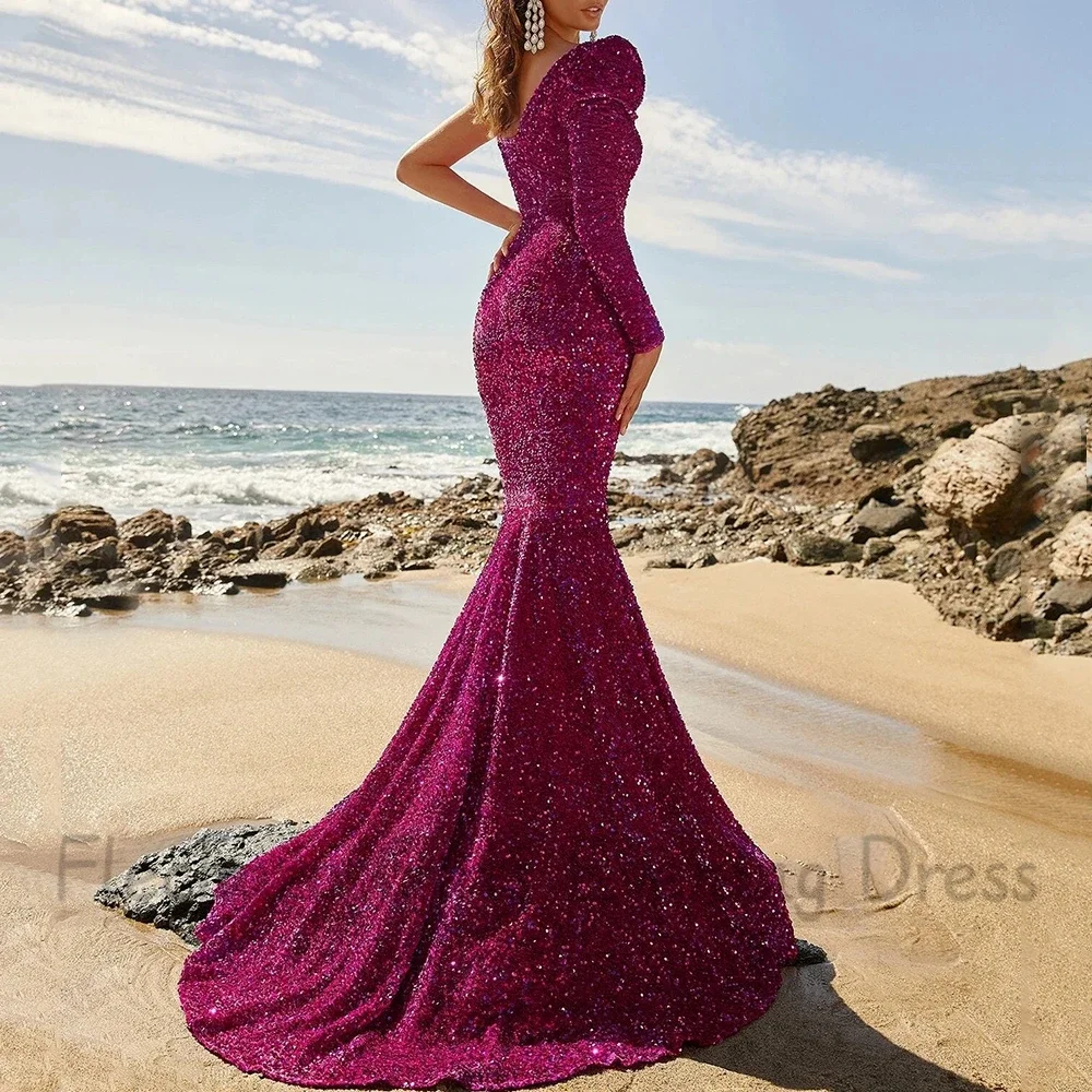 Flechazo Exquisite Sequin Evening Dress V-Neck Asymmetrical Spaghetti Straps and Long Sleeves Mermaid Floor Length Ladies Gowns