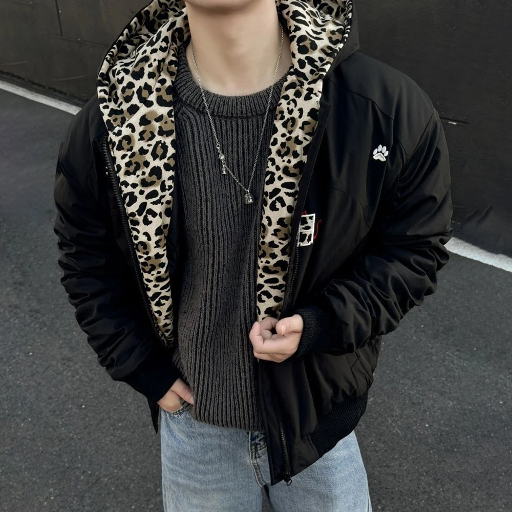Men Winter Imitation Silk Cotton Jacket Warm Leopard Print Casual Jacket Streetwear Fashion Embroidered Outerwear Men'S Clothing