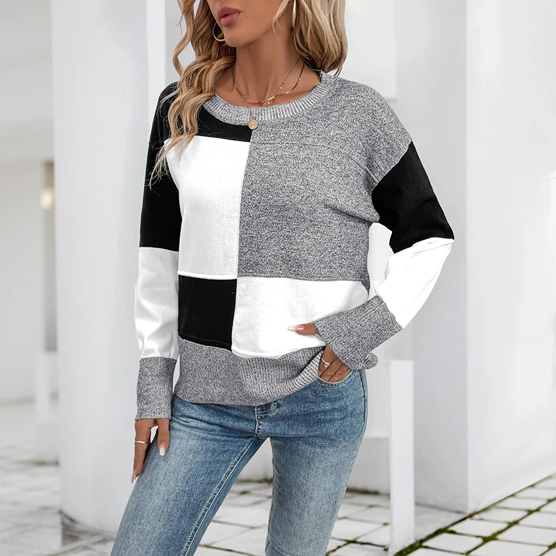 

Women's Gray Black White Checkerboard Color Block Crew Neck Loose Fit Knit Sweater Long Sleeve Autumn Winter Casual Pullover