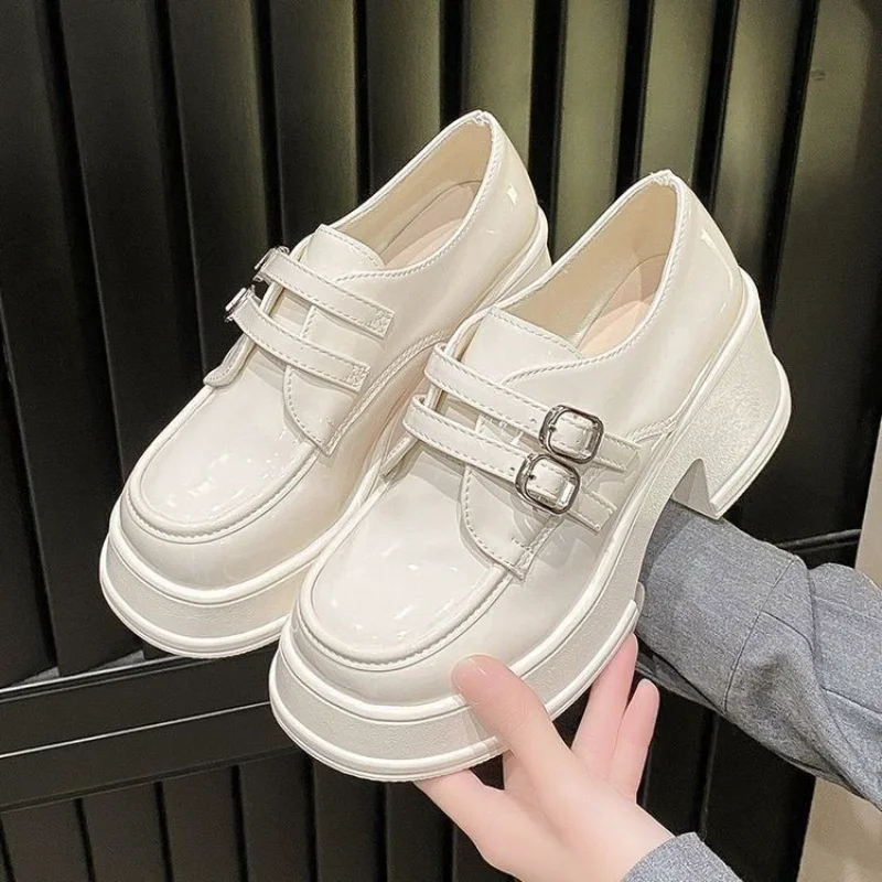 Women Buckle Square Toe Platform Loafers, Block Heel Commuter Slip-On Uniform Shoes with Platform, Preppy Style All-Match Shoes