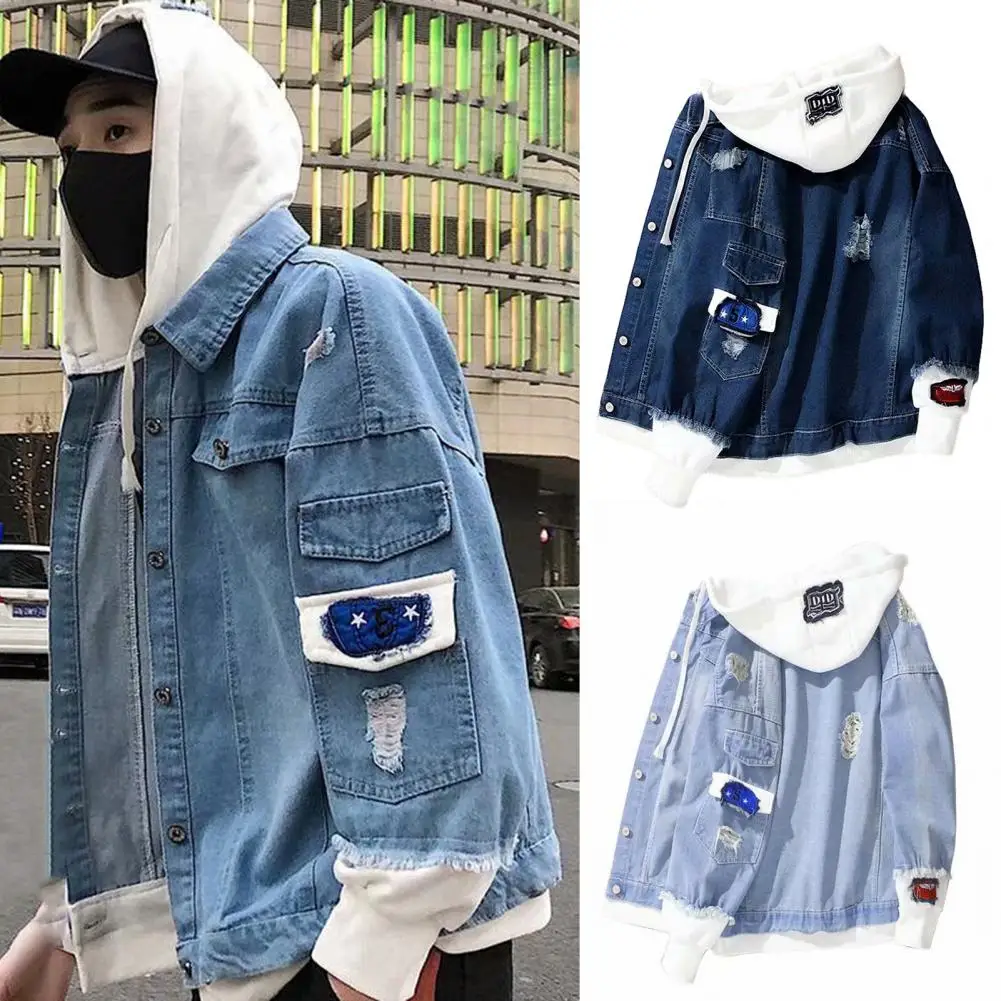 Trendy Denim Jacket Korean Style Contrast Color Male Ripped Single Breasted Denim Jacket  Men Coat Streetwear