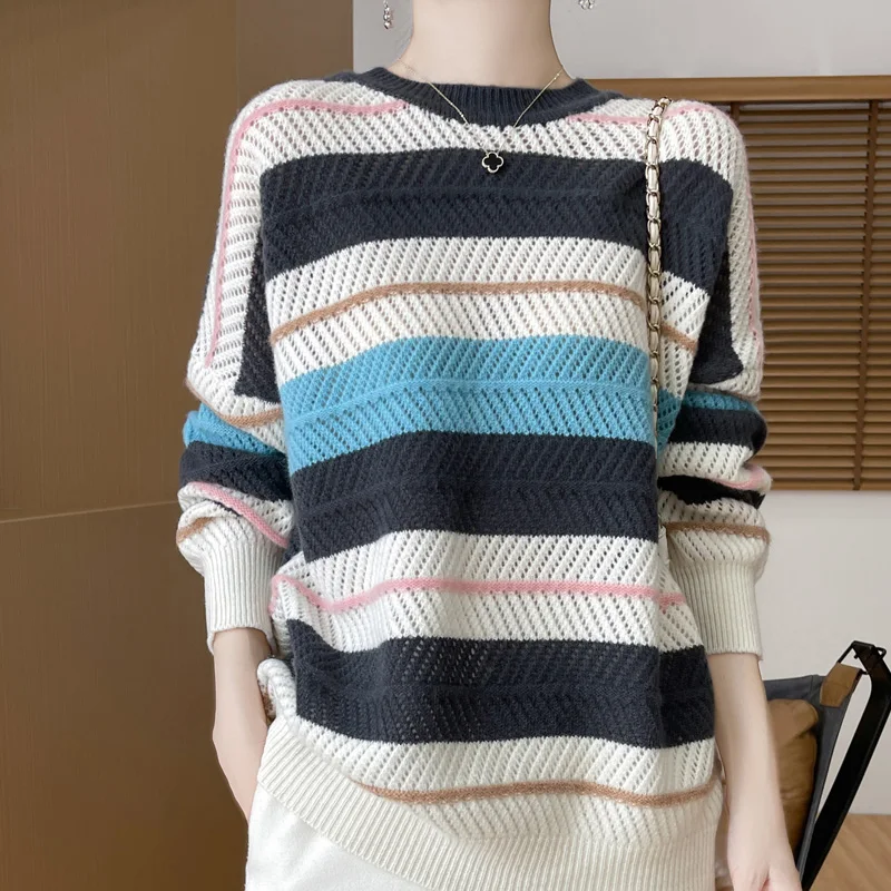 New Women's 100% Wool Striped Hollow Out Sweater O-neck Long Sleeve Pullover Autumn Winter Cashmere Knitwear Chic Tops