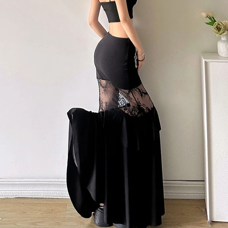 Gothic Black High Waist Skirt Women Y2K Harajuku Punk See-Through Skirt Sexy Hollow Out Streetwear Chic Slim Mermaid Skirt New