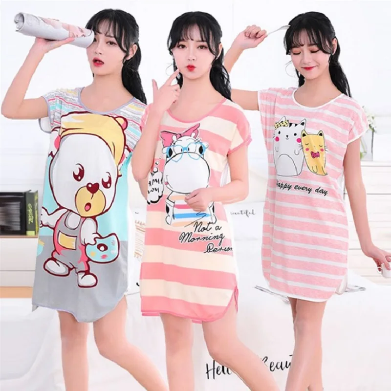 Women Printed Cartoon Sexy Sleepwear Round Neck Lingerie Cute Nightdress One Piece Thin Summer Female Pajamas Nighty Home Wear