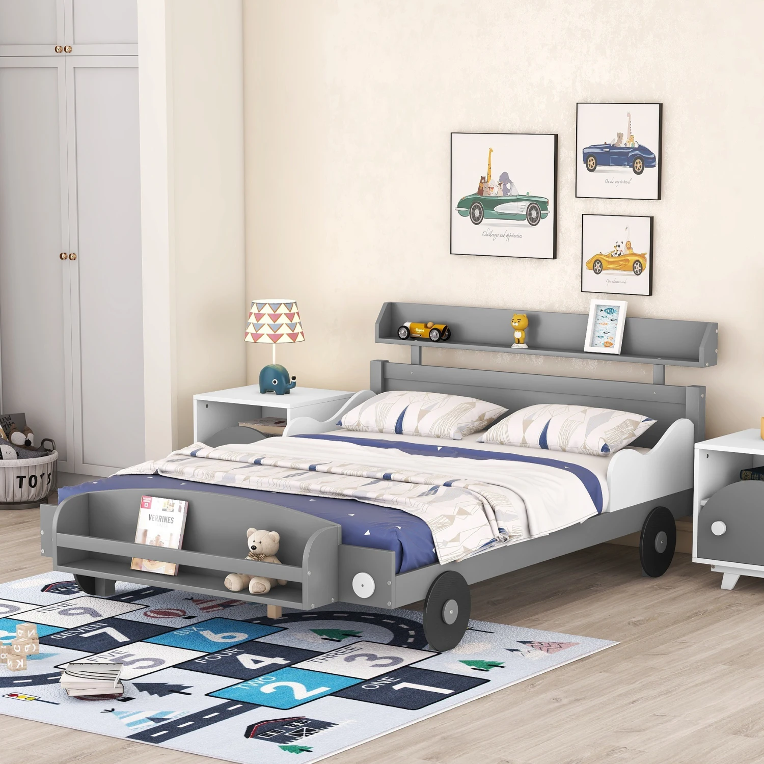 Car-Shaped Platform Bed w/ Storage Shelf, Full Size, Gray Bedroom Furniture