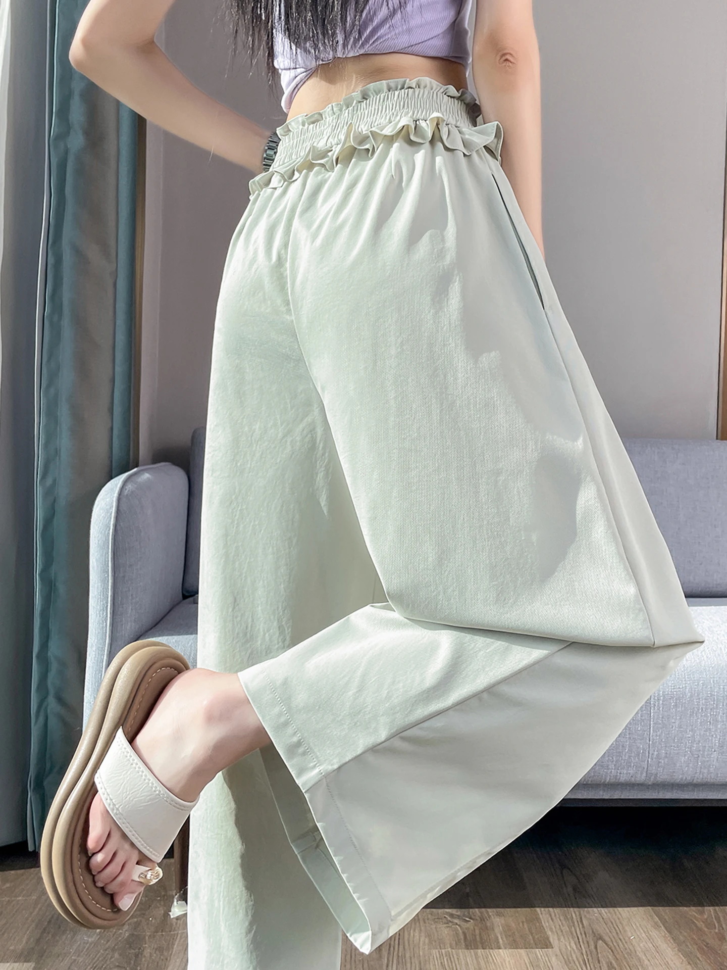 

Ice Silk Wide Leg Pants Women's Summer Bend Knife Straight Casual Loose Slimming Nine Points High Waist Casual Pants