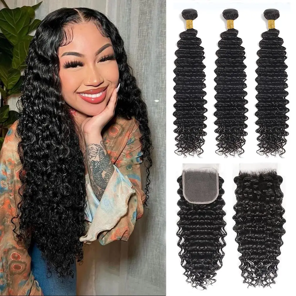 Ulrica Deep Wave Bundles With Closure Brazilian Deep Curly Hair Bundles With Closure 100% Human Hair Closure With 3 Bundles