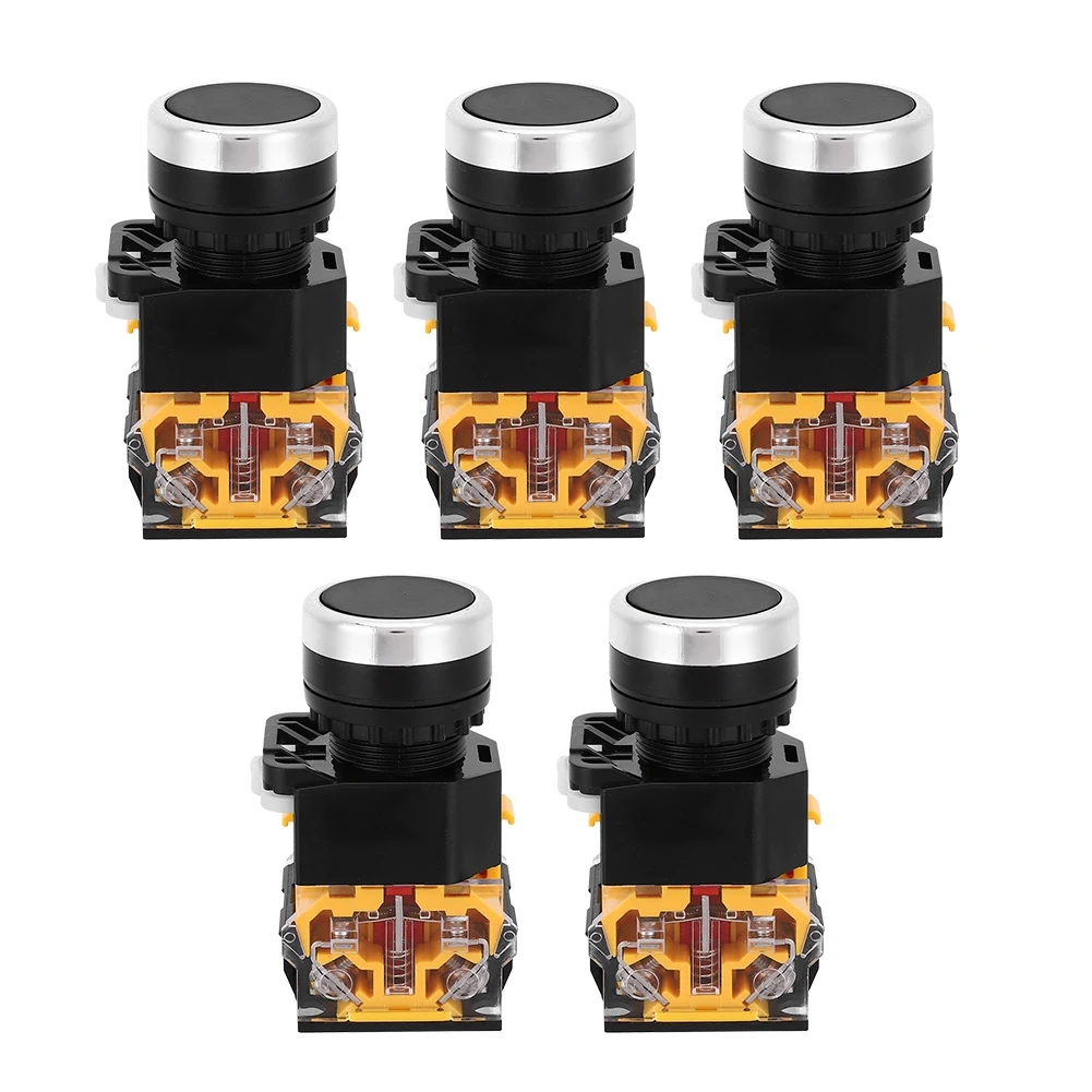 5pcs 22mm 37V-440V Push Button Switch Self Resetting Button Switch without Light(Black )