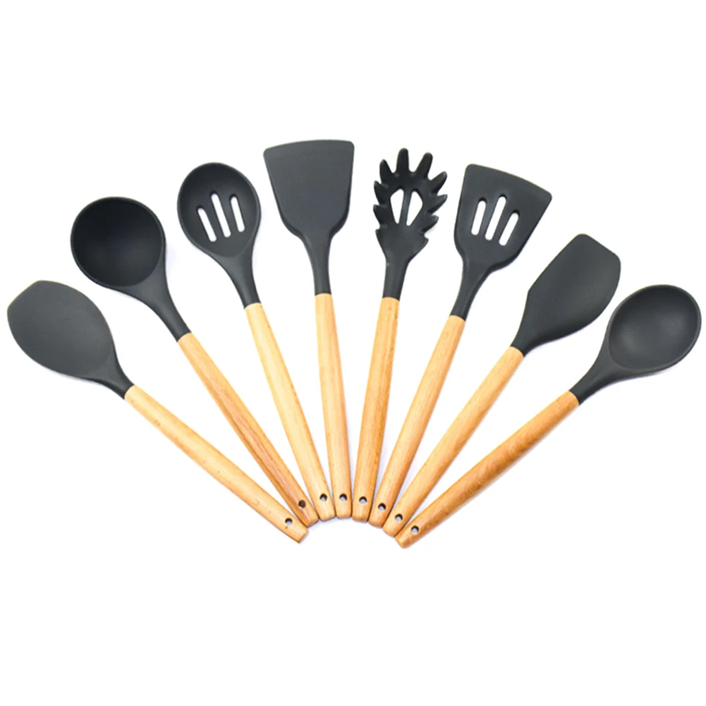 8Pcs/set Silicone Kitchen Utensil Set Spatula Slotted Spoon With Wood Handle Baking Cooking Tools