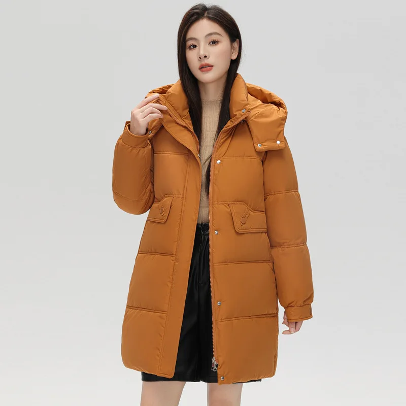 Women Hooded Parkas Coats Mid Length Solid Jackets Pocket Zipper Long Sleeves Thick Loose Fit Office Lady Casual 2025 Winter