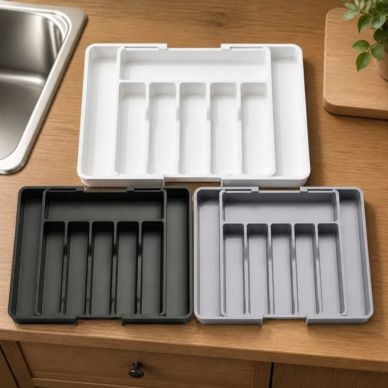 Adjustable Plastic Tray with Compartments for Organizing Kitchen Utensils, Knives, and Spoons in Drawer Storage