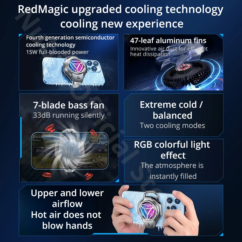 RedMagic Cooler 4 Ice FunCooler, 15W, 4.0 Largura adequada, 66-87mm, 2 Modo de Refrigeração, Compatível com Redmi 8 Pro, Oneplus 11, Rog 7