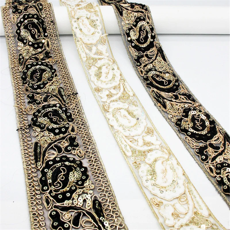 4 / 4.5 / 6 Cm Wide Ethnic Style Black And White Mesh Embroidery Clothing Lace Sequin Webbing Barcode Accessories