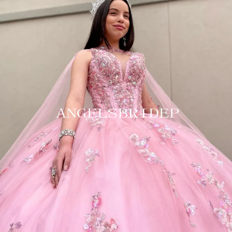 فساتين الأميرة Quinceanera مع رأس ، فستان مطرز بالترتر الوردي اللامع ، 15 أميرة ، من Angelsbridep