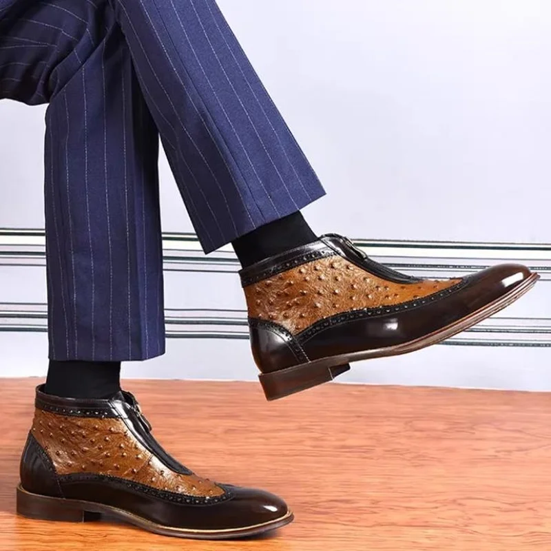 New Men's Chelsea Boots Men Ankle Boots Genuine Leather Ostrich Pattern Pointed Toe Dresss Boots British High-top Leather Shoes