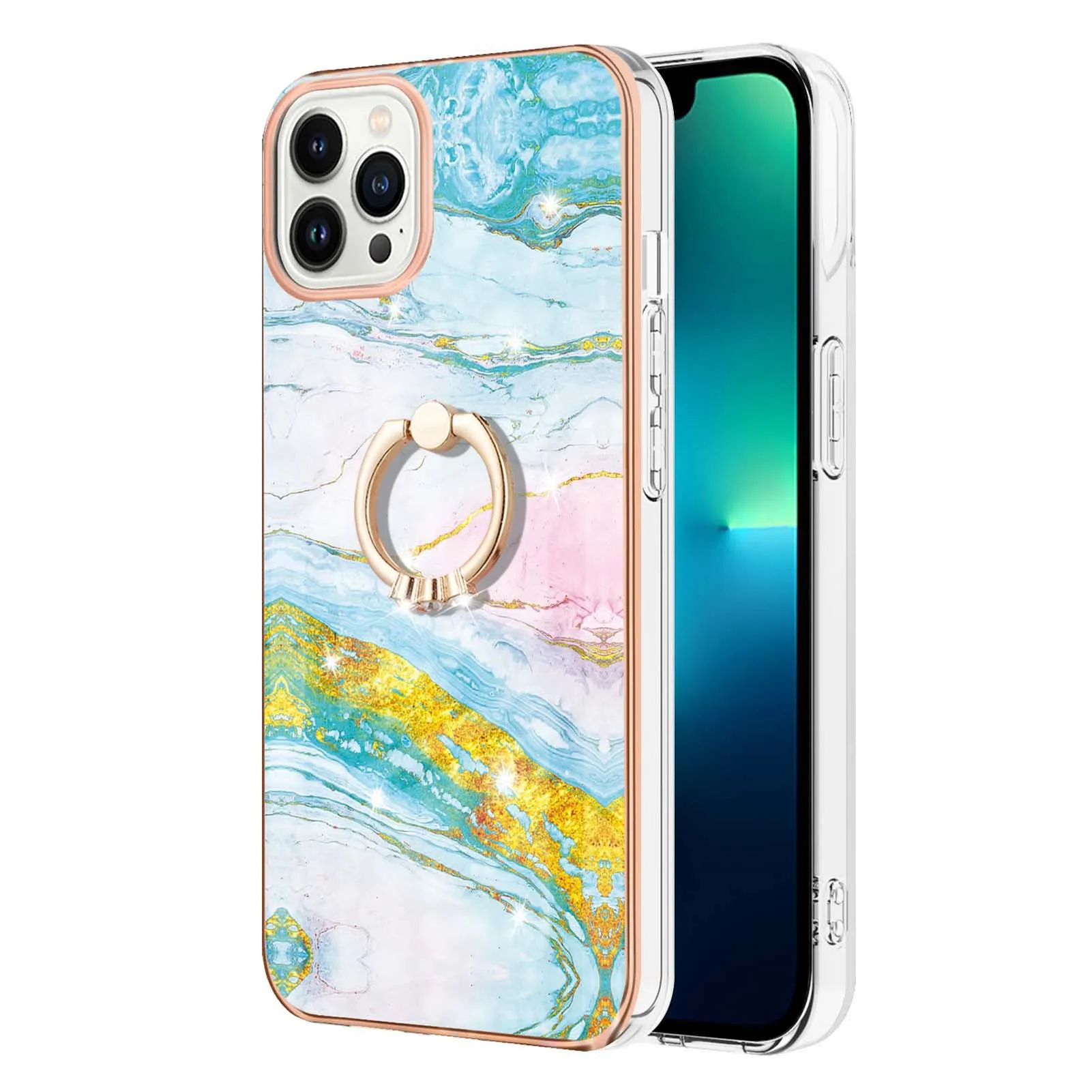 30PCS Stylish Ring Bracket Phone Case, Electroplated Marble Pattern, Anti-drop, Anti-wear Back Cover, For iPhone 14 Pro Max, SE