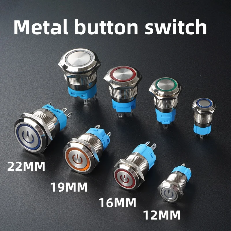 12 16 19 22MM Metal Button Switch LED Light Waterproof Momentary  Self-Locking Car Engine Power Supply 5V 6V12V24V 220V Red Blue