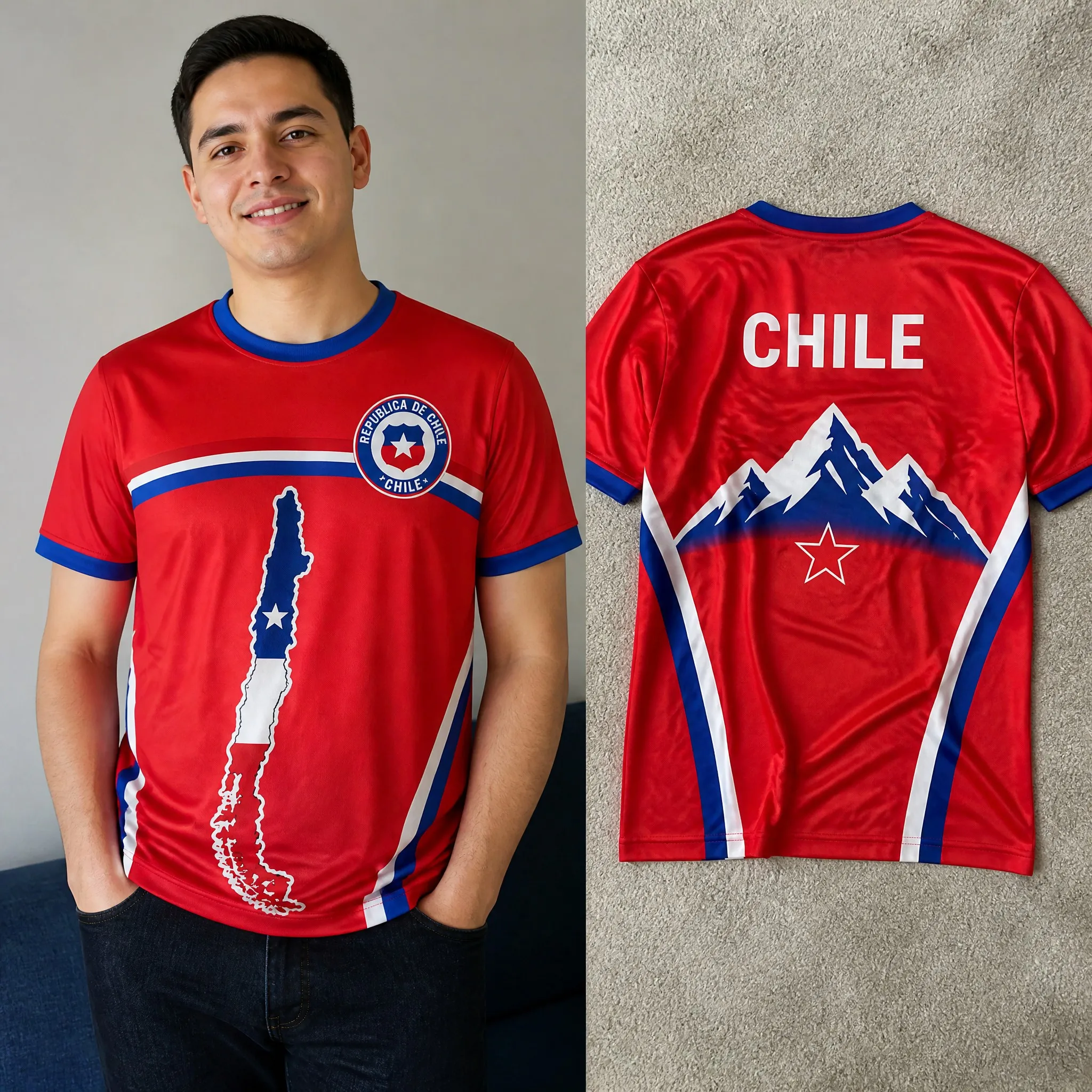 Mens Crewneck T Shirt Chile Map Star Graphic Short Sleeve Casual Flag Style Tee Red Blue Stripe Mountain Back Top Daily Top Wear