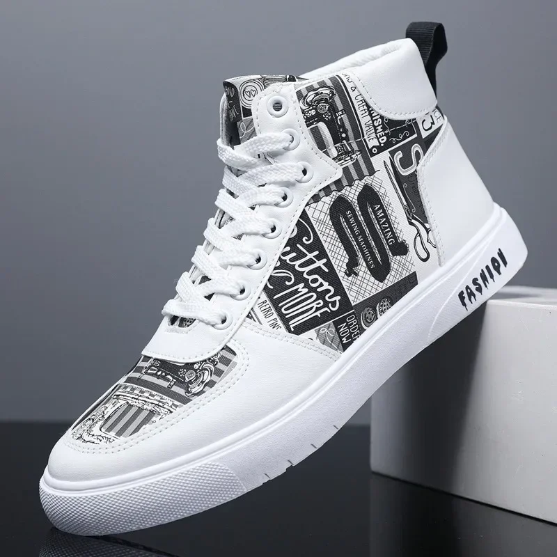 Trend Men\'s Shoes High Top Men Boots Personality Graffiti casual Shoes 2024 Four Seasons Student Skateboard Sneakers Big Size 46