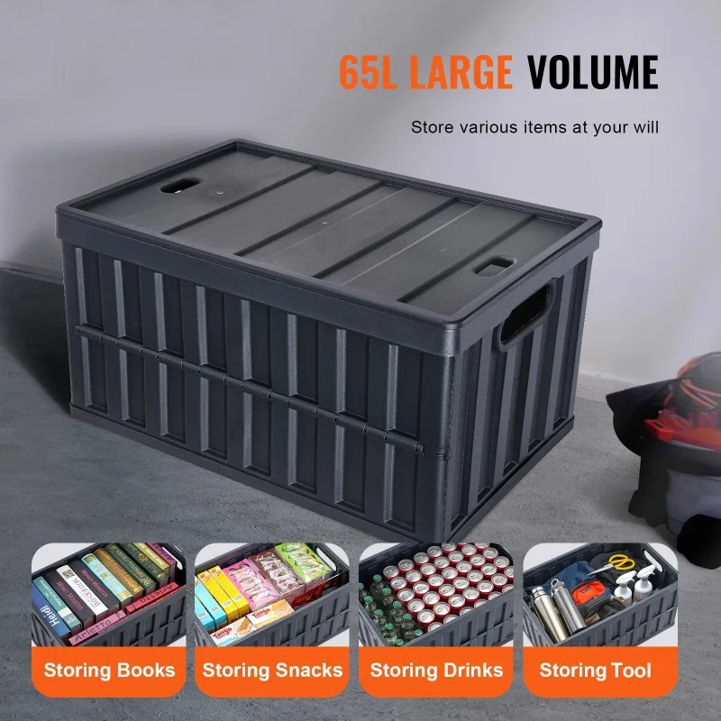 SucceBuy 45L/65L Collapsible Storage Bins Folding Stackable Utility Garage Crates with Lids Handles for Clothes Snack Grocery