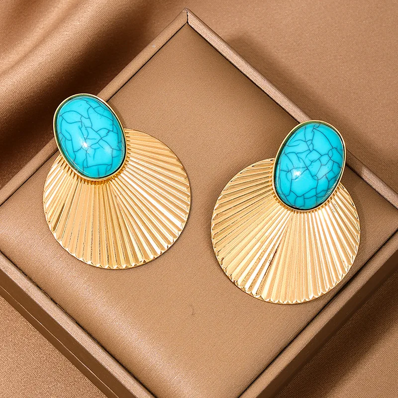 Stud Earrings For Women Turquoise Metal Disc Geometric Party Gift Holiday Fashion Jewelry Ear Accessories BE456