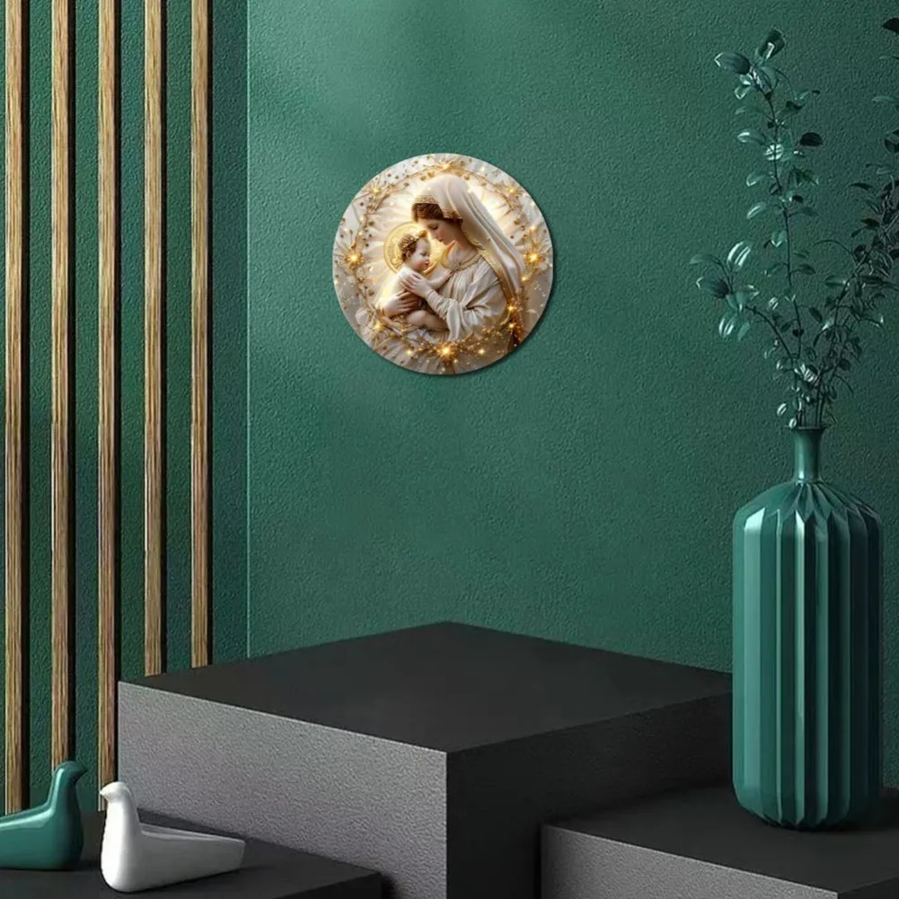 لافتة إكليل ماري تحت عنوان، ديكور معدني ديني دائري من الألومنيوم، المنزل أو غرفة النوم، المقهى، النادي، البار، ديكور المزرعة أو الحائط #4