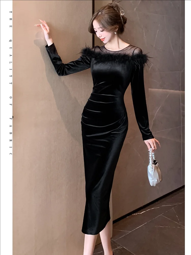 Luxury Feather Velvet Dress for Women Splicing Velour Long Sleeved Sheath Black Dresses 2024 Autumn Winter Bodycon Sexy Dress