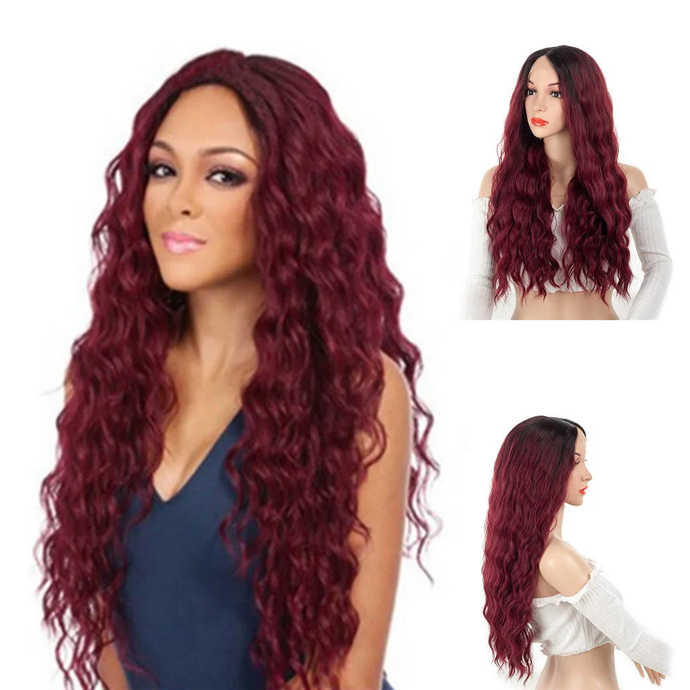 Mixed color ladies split face curly hair black gradient wine red long hair rose net wig hood