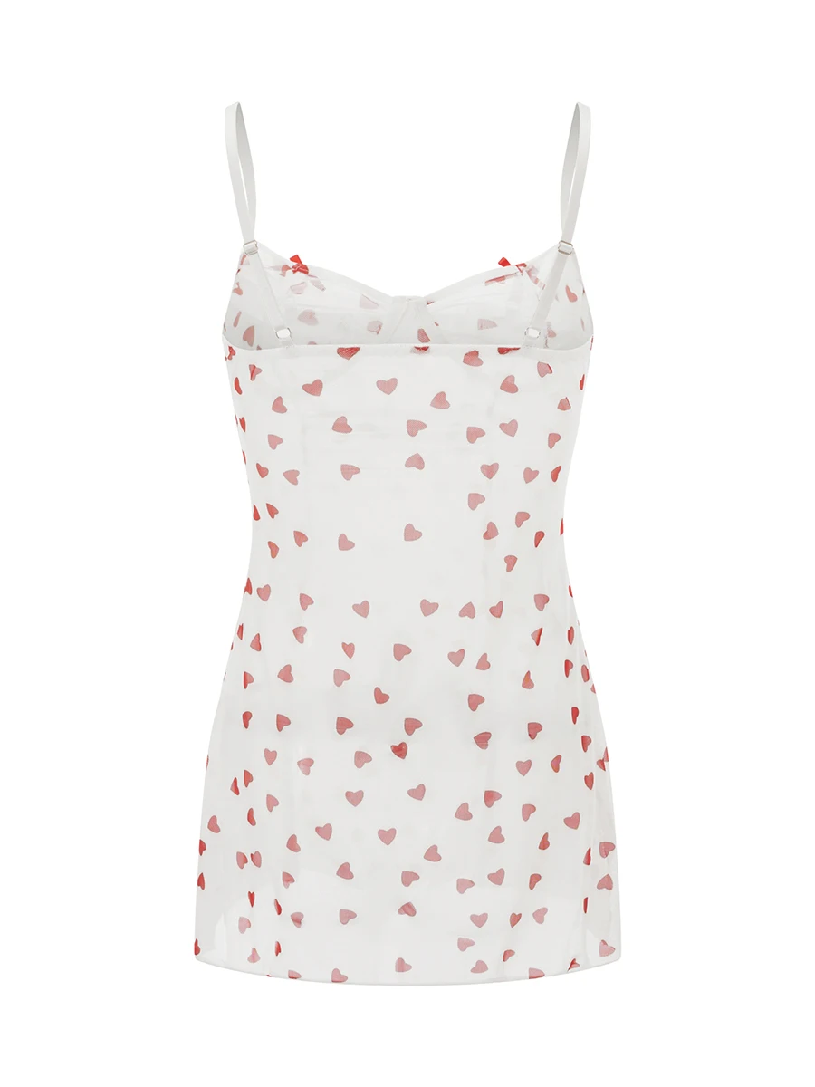 Women Lingerie Set Love Heart Pattern See Through V Neck Spaghetti Straps Babydoll Dress with Thong 2 Pcs Set