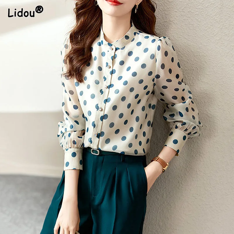 Straight Blouses Casual Printing Dot Patroon Knop Kantoor Dame Eenvoudige Modieuze Lente Zomer Temperament Vrouwen Kleding