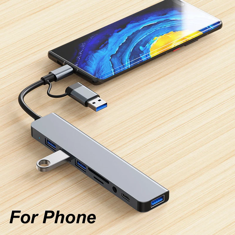 8-IN-1 USB TYPE-C 3.0 HUB 3.5MM Audio SD TF Card reader 5Gbps OTG For Keyboard mouse hard drive Macbook Pro Laptop PC Phone