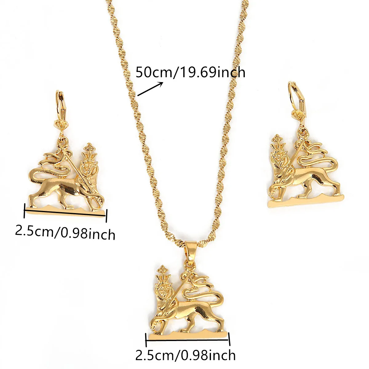 Fashionable Lion Pattern Jewelry Set: Gold necklace and earrings with magnificent lion pendant, perfect for parties and special