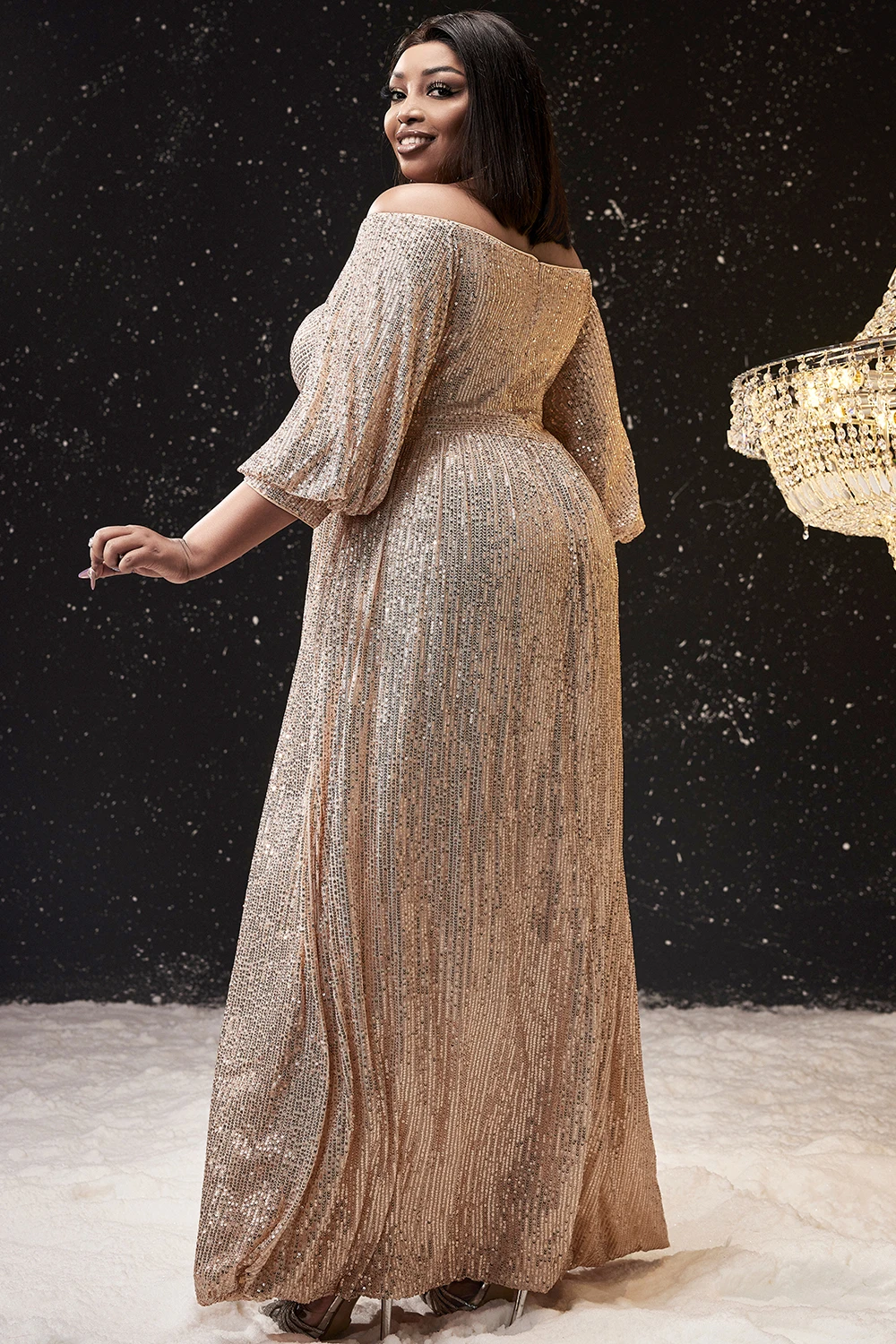 Women Plus Size Formal Dress Apricot Sequin Maxi Dress Off The Shoulder Puff Sleeve Cocktail Wedding Guest Elegant Dresses