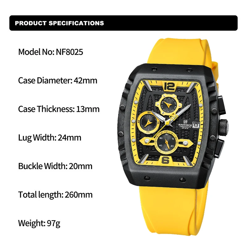 NAVIFORCE NF8025 Multifunction Men\'s Wristwatches Silicone Waterproof Sports Male Watches Casual Quartz Calendar Man Chronograph